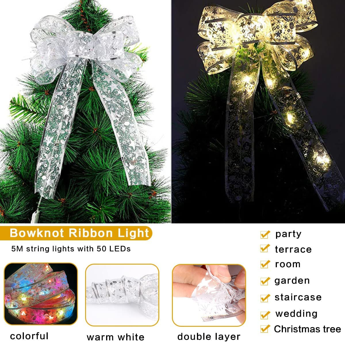 16.5ft Christmas Ribbon LED Lights,Shining Ribbon Fairy Lights LED Christmas Lights,Christmas Tree Lights,Decoration Glow Ribbon Lights for Christmas Tree for Outdoor, Weddings, Garden, Holiday,Party