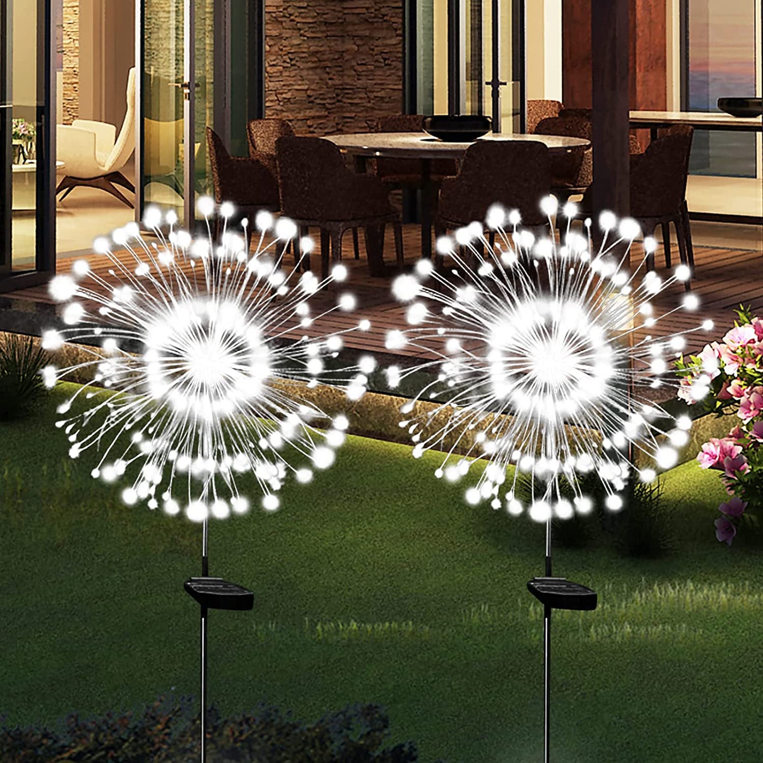 Solar Garden Firework Lights Outdoor Waterproof 2 Pack Solar Powered Art Stake Twinkle Lighting for Outside Decor, 120 LED Sparklers String Lights for Yard Pathway Patio Party Decorations (Warm)