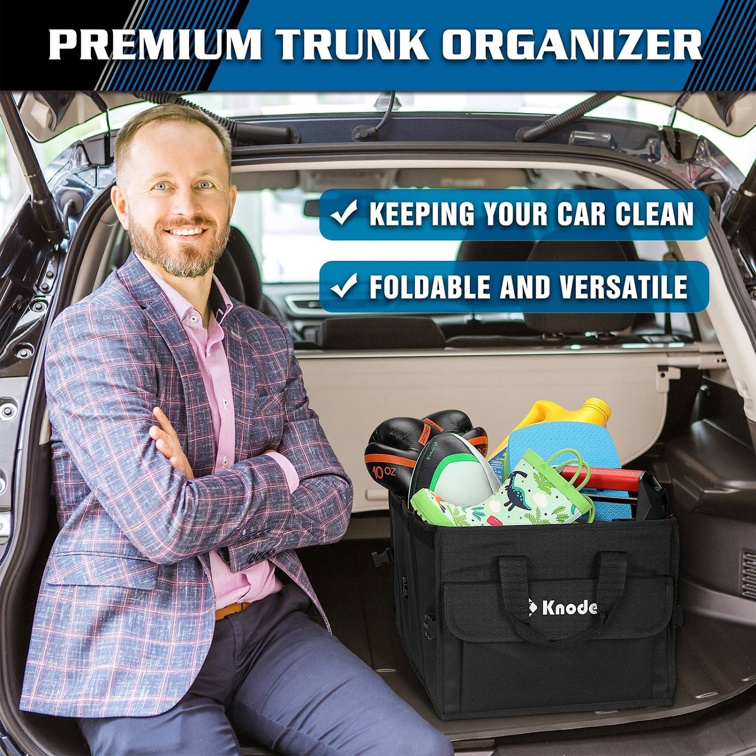 XL Car Trunk Organizer with Lid, Collapsible Car Trunk Storage Organizer, Car Organizer and Storage for SUV, Truck, Sedan (Black)
