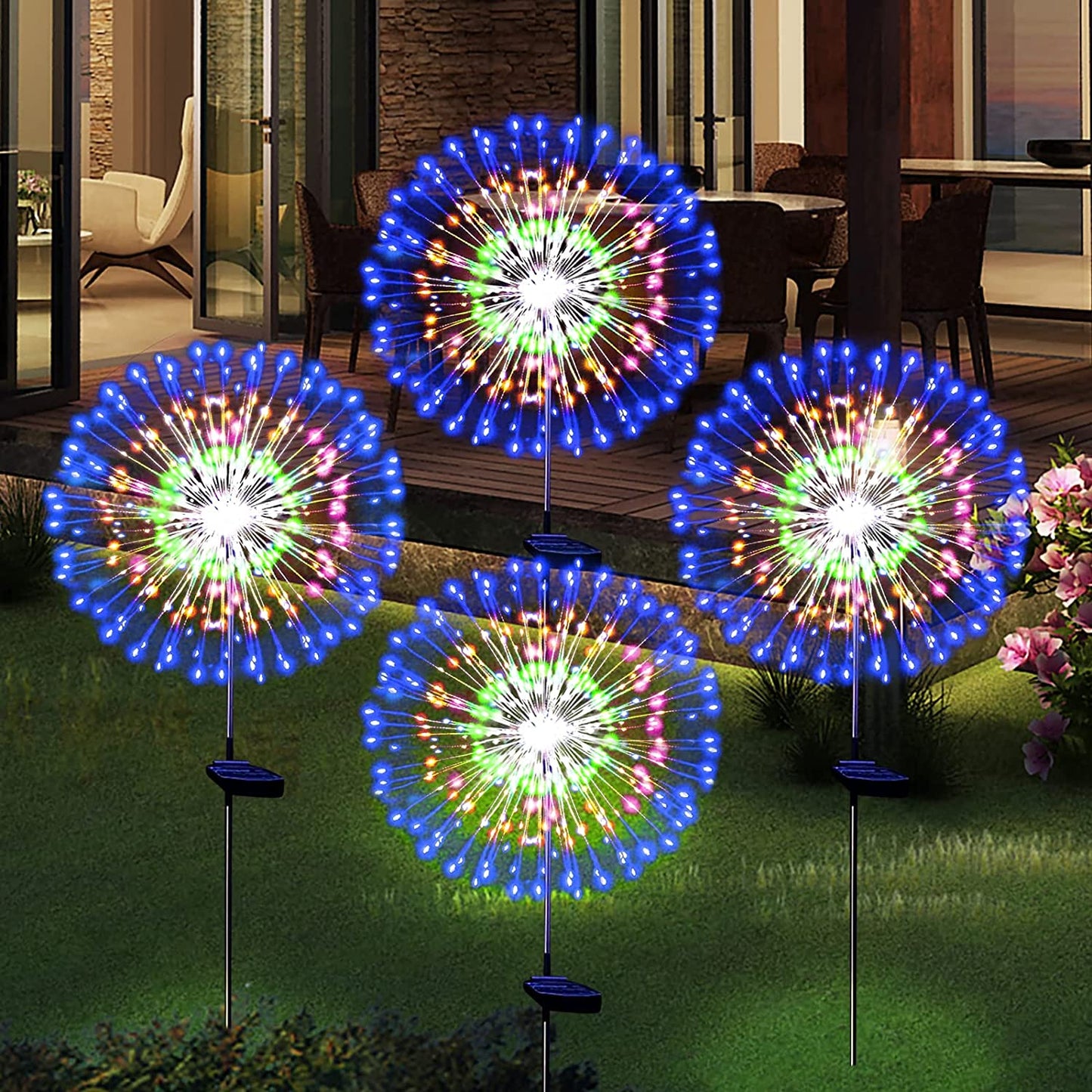 Solar Garden Firework Lights Outdoor Waterproof 2 Pack Solar Powered Art Stake Twinkle Lighting for Outside Decor, 120 LED Sparklers String Lights for Yard Pathway Patio Party Decorations (Warm)