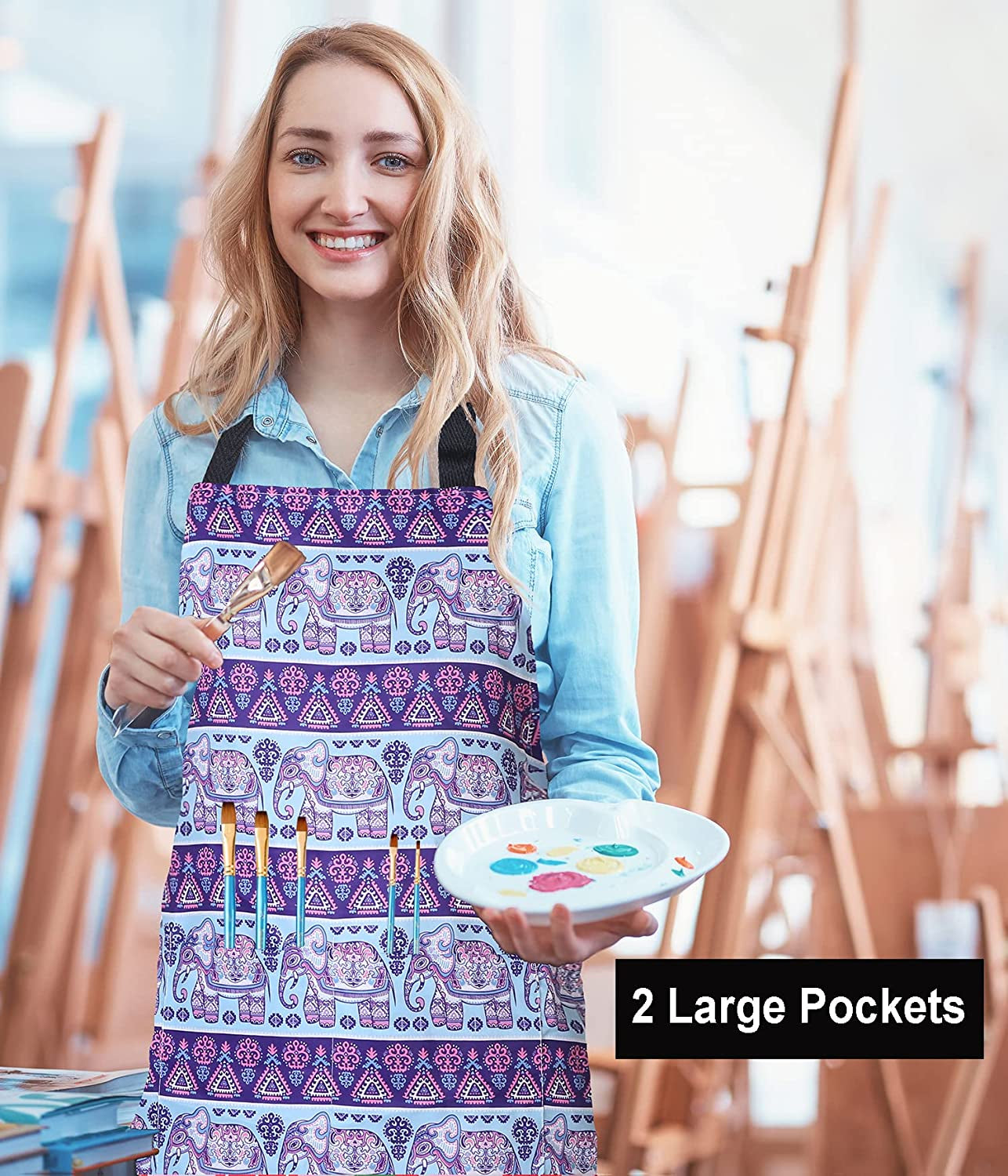 Adjustable Bib Apron Extra Long Ties with 2 Pockets 