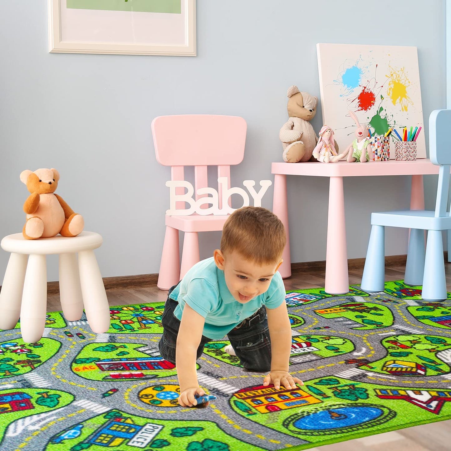 Kids Playmat Car Rug -Educational Car Rugs for Kids Road and Traffic Carpet Multi Color Play Rug - Kids Rugs for Playroom & Kids Bedroom Best Car Rugs for Kids and Kids Play Rug Ages 3 4 5 6