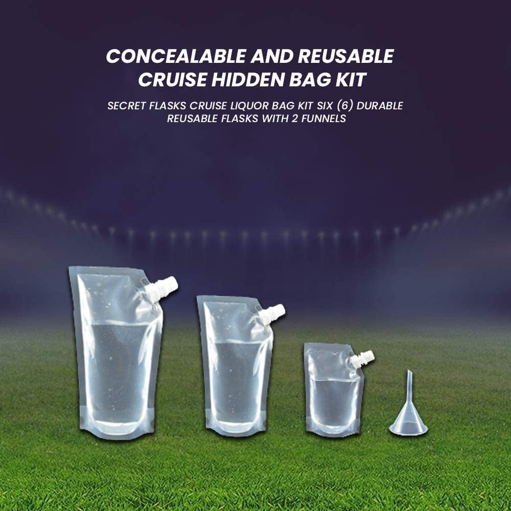 Concealable And Reusable Cruise Hidden bag Kit - Secret Flasks Cruise Liquor Bag Kit SIX (6) Durable Reusable Flasks With 2 Funnels