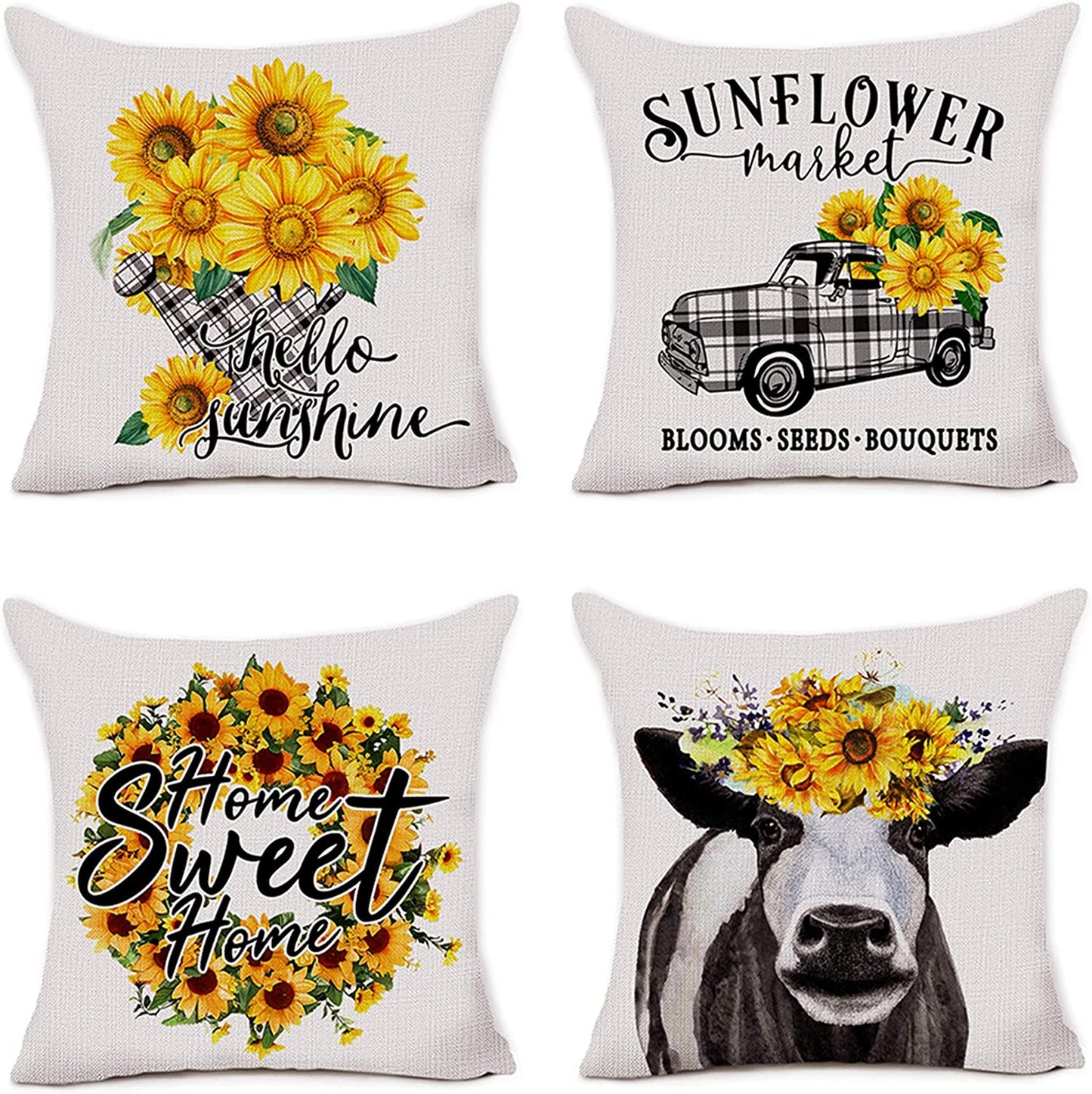 Set of 4 Decorative Farmhouse Pillow Cover - Sunflowers