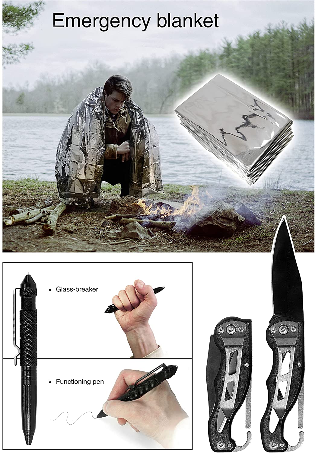 Survival Kit, 10 Pcs Essential Outdoor Gear, Thermal Blanket, Ferro Rod, Flint Striker, Compass, Emergency Whistle, Saw, Tactical Pen, Flashlight, Pocket Knife, Waterproof Case