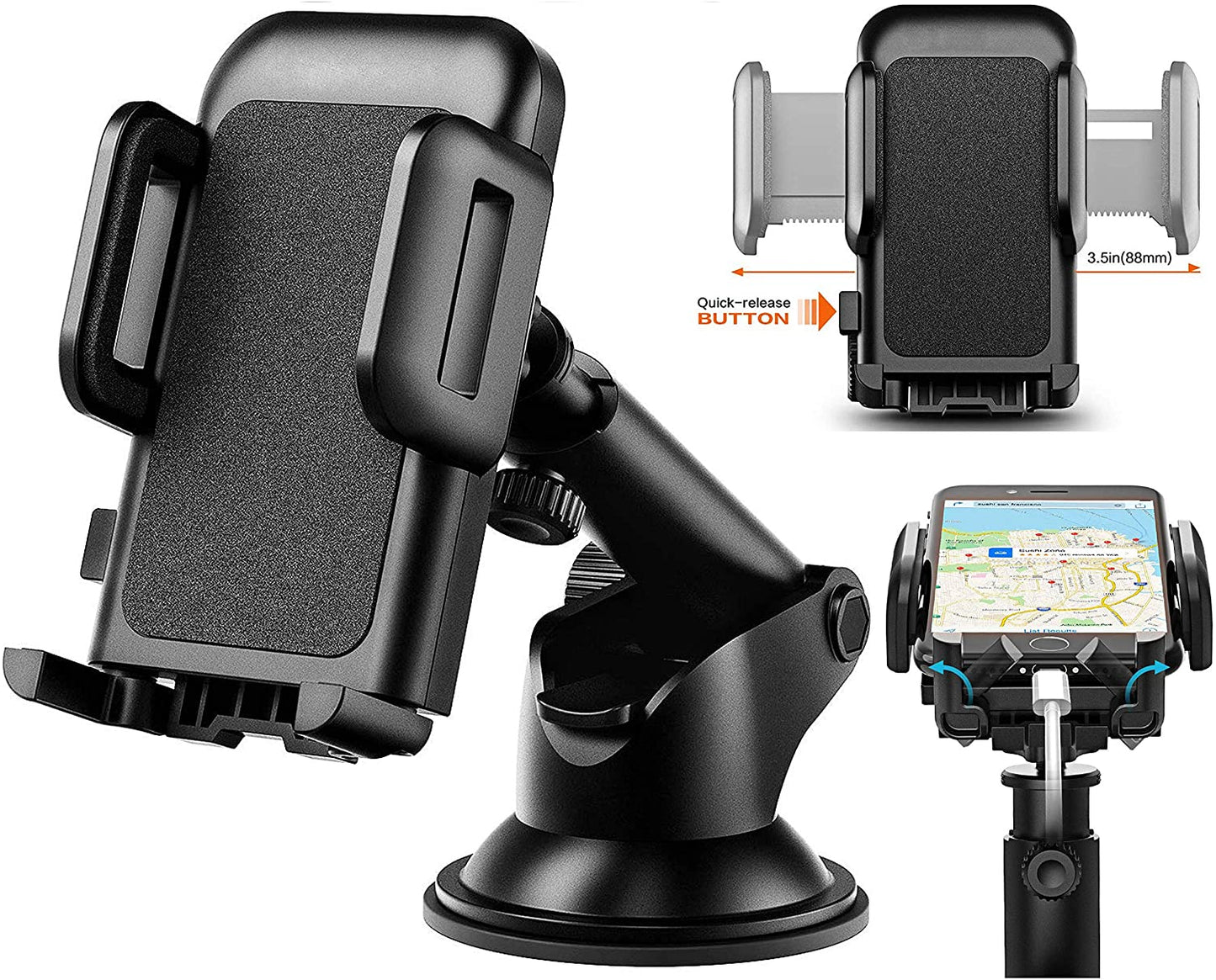 Car Cell Phone Mount Stand Holder Cradle Dashboard Windshield Washable Sticky Gel Pad 360 Rotation Three-Side Grips Universal (Dashboard Mount)