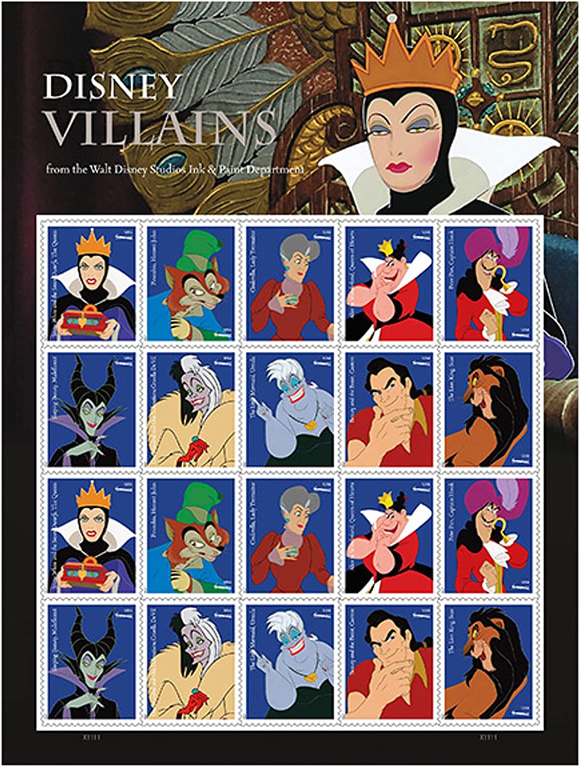 USPS Walt Disney Villains One Sheet Forever Stamps - Booklet of 20 First Class Forever Stamps