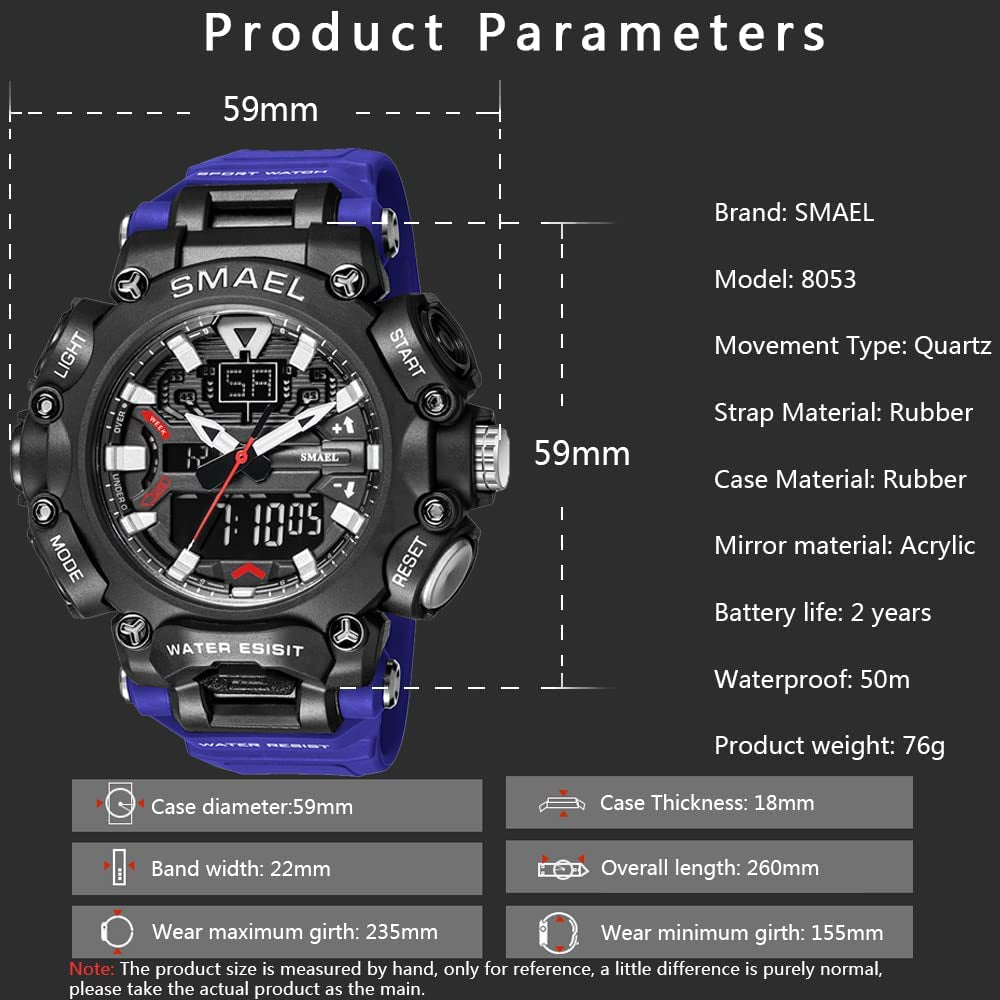 Men's Sports Watch Digital Outdoor Watch Big Face Display Waterproof Tactical Army Watches for Men Blue
