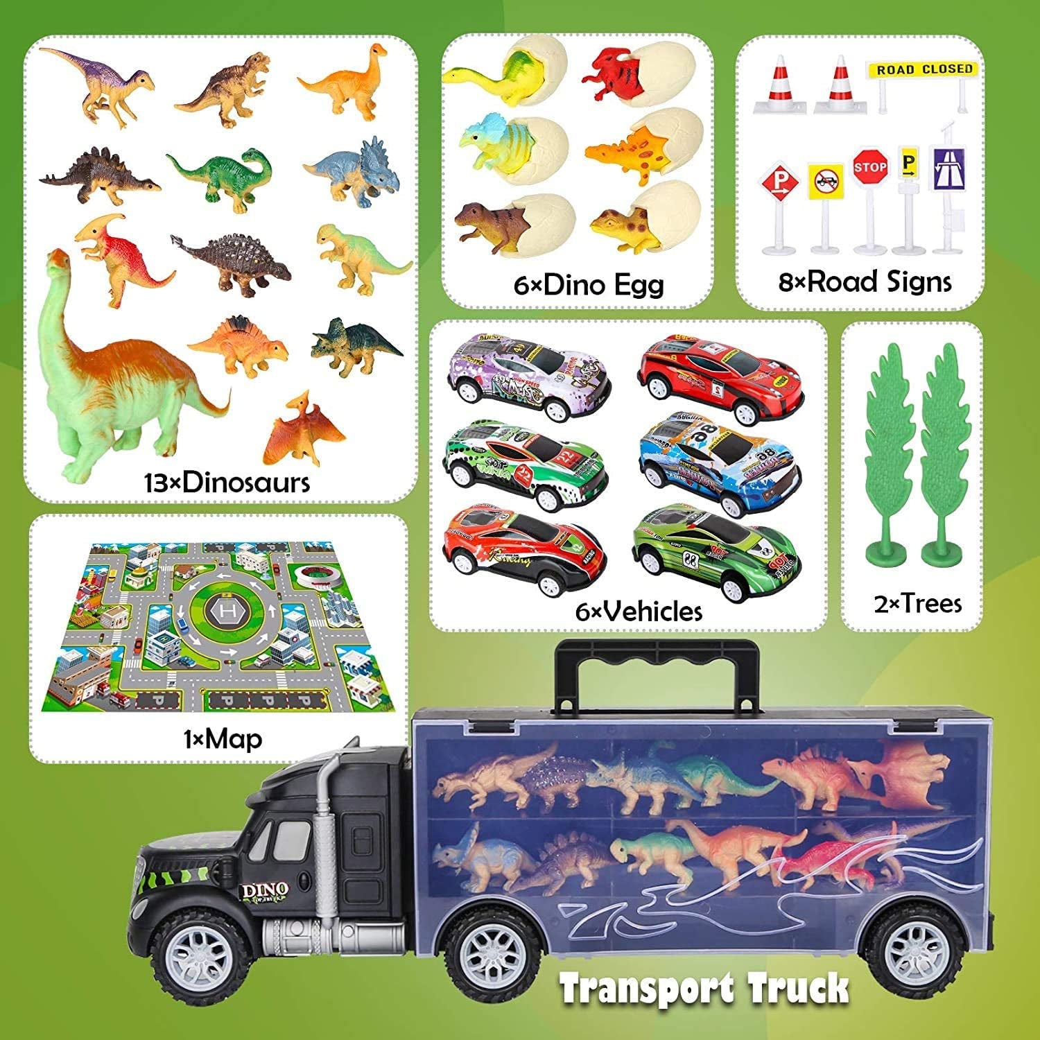 Dinosaur Truck Toy Car Transporter Carrier Set Include Dinosaur Figures & Egg Mini Racing Car with Play Mat, Road Signs for Children 37PCS