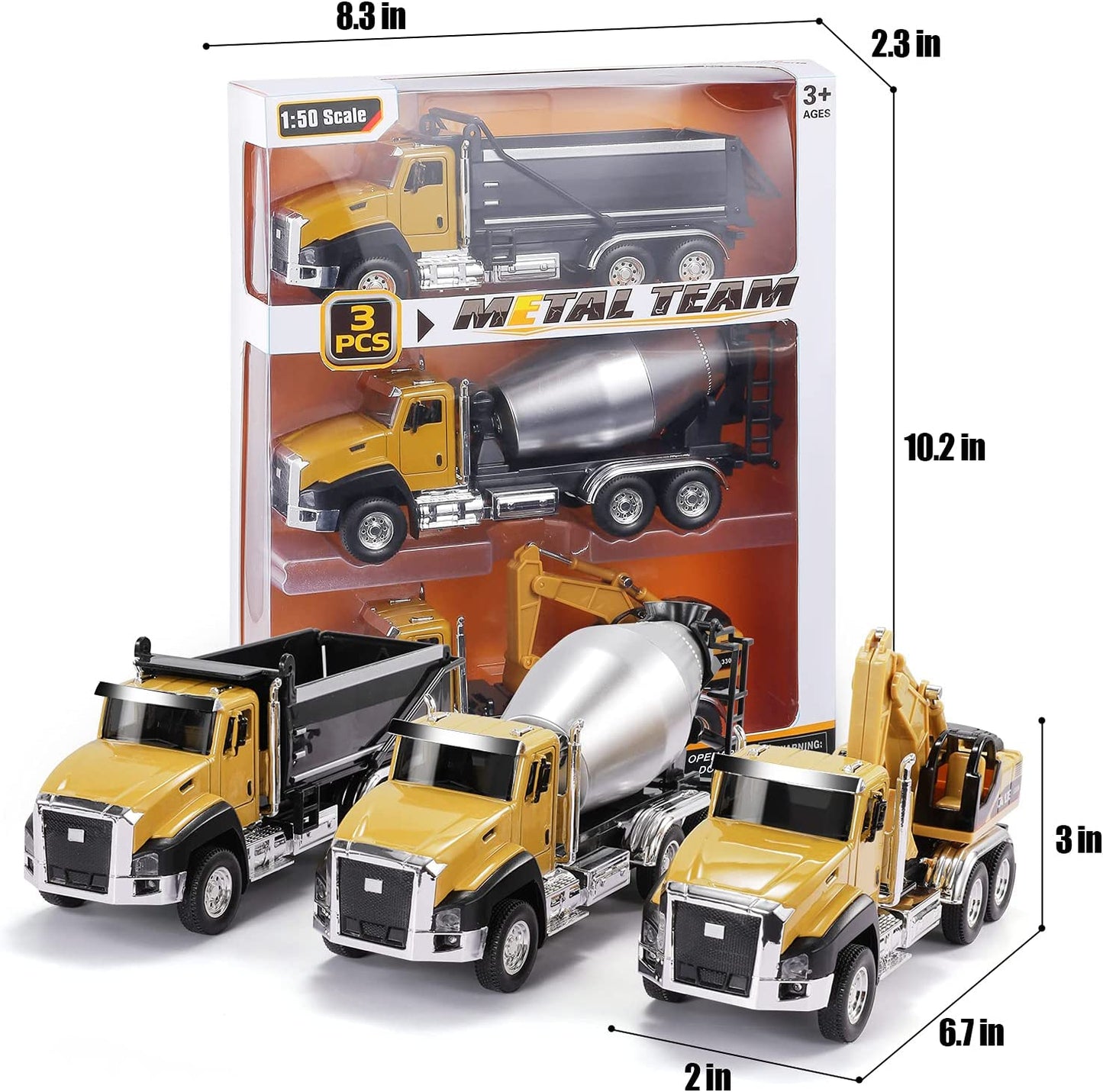 3 Pack of Diecast Engineering Construction Vehicles, Dump Truck, Digger, Mixer Truck, 1/50 Scale Metal Collectible Model Cars, Pull Back Car Toys with Opening Doors for Boys and Girls