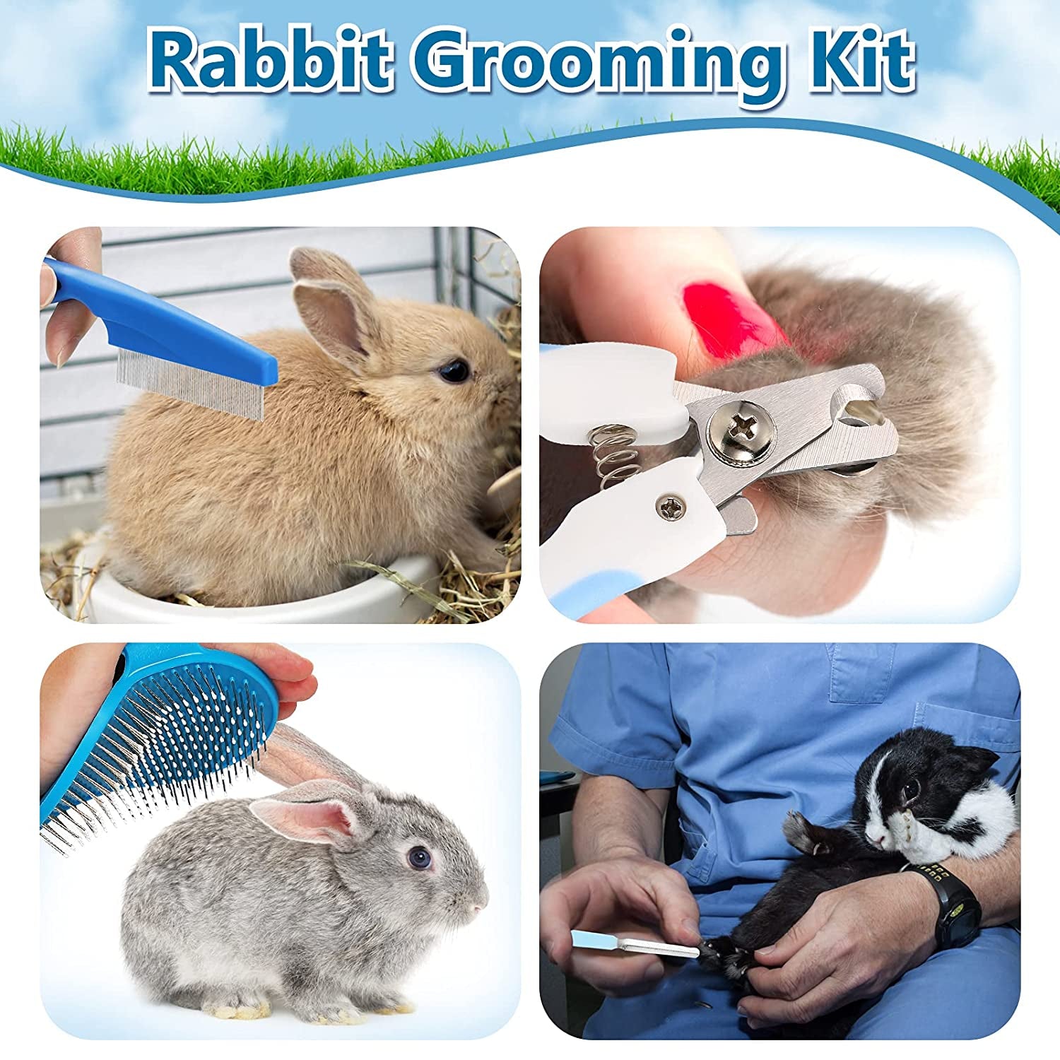 4 Pieces Bunny Grooming Kit with Bunny Grooming Brush Comb Pet Hair Remover Nail Clipper File Pet Shampoo Bath Brush with Adjustable Handle Pet Bath Grooming Set for Bunny Hamster Bunny Guinea Pig