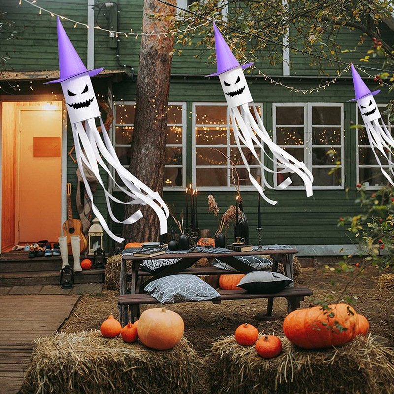 Halloween Ghost Windsock Flag with LED Lights, 2 PCS 48" Hanging Glowing Witch Hat Windsock Flag Spooky Wind Socks for Trees Yard Outdoor Front Door Decor Porch Lawn Garden Outside