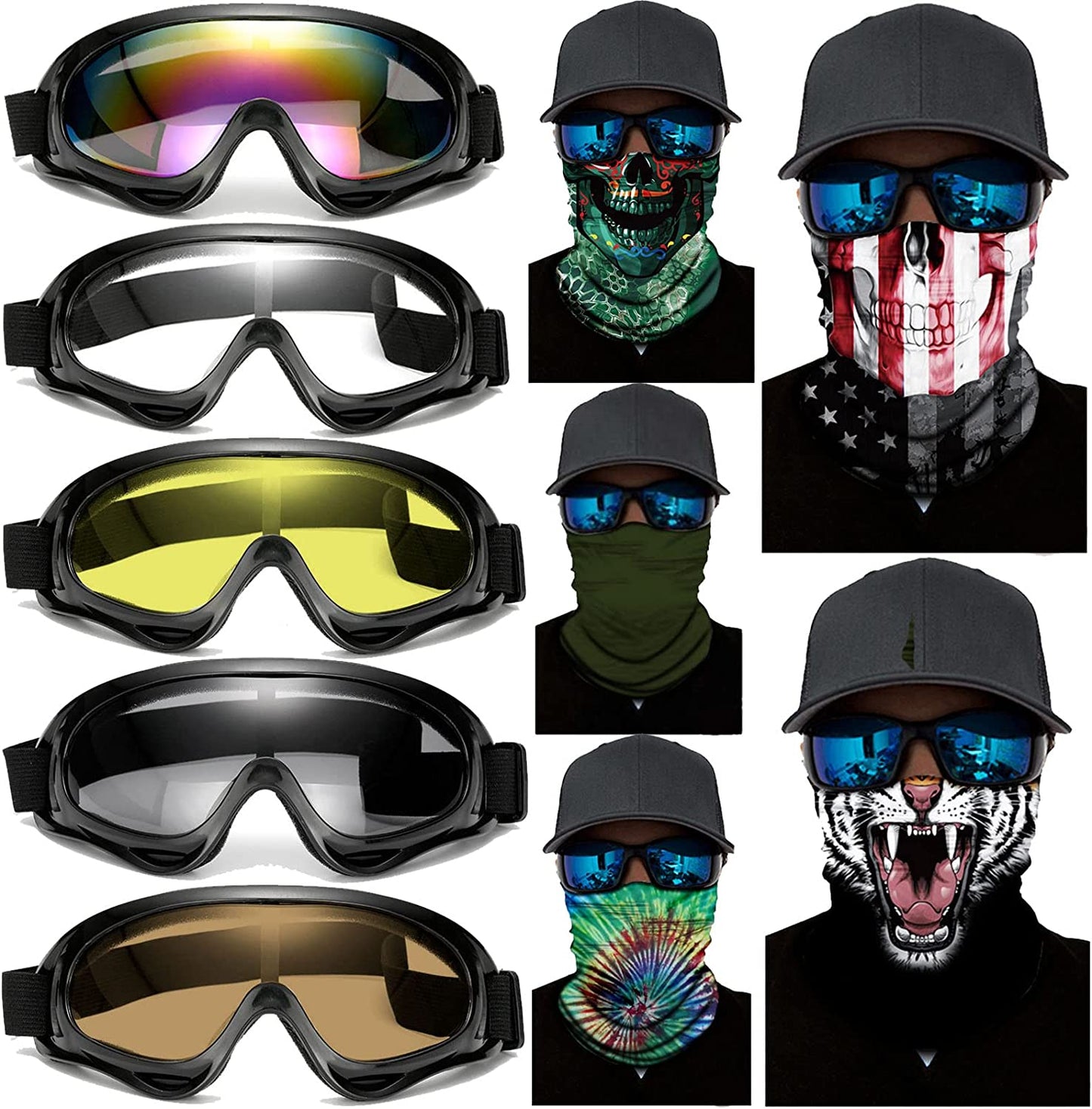 10 Packs Motorcycle Accessories, 5PCS Dirt Bike Ski Goggles Dustproof Windproof Safety Glasses and 5PCS Face Masks