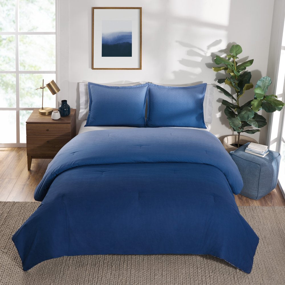 Ombre Reversible Organic Cotton Blend Comforter Set, Full/Queen/King, Blue, 3-Pieces