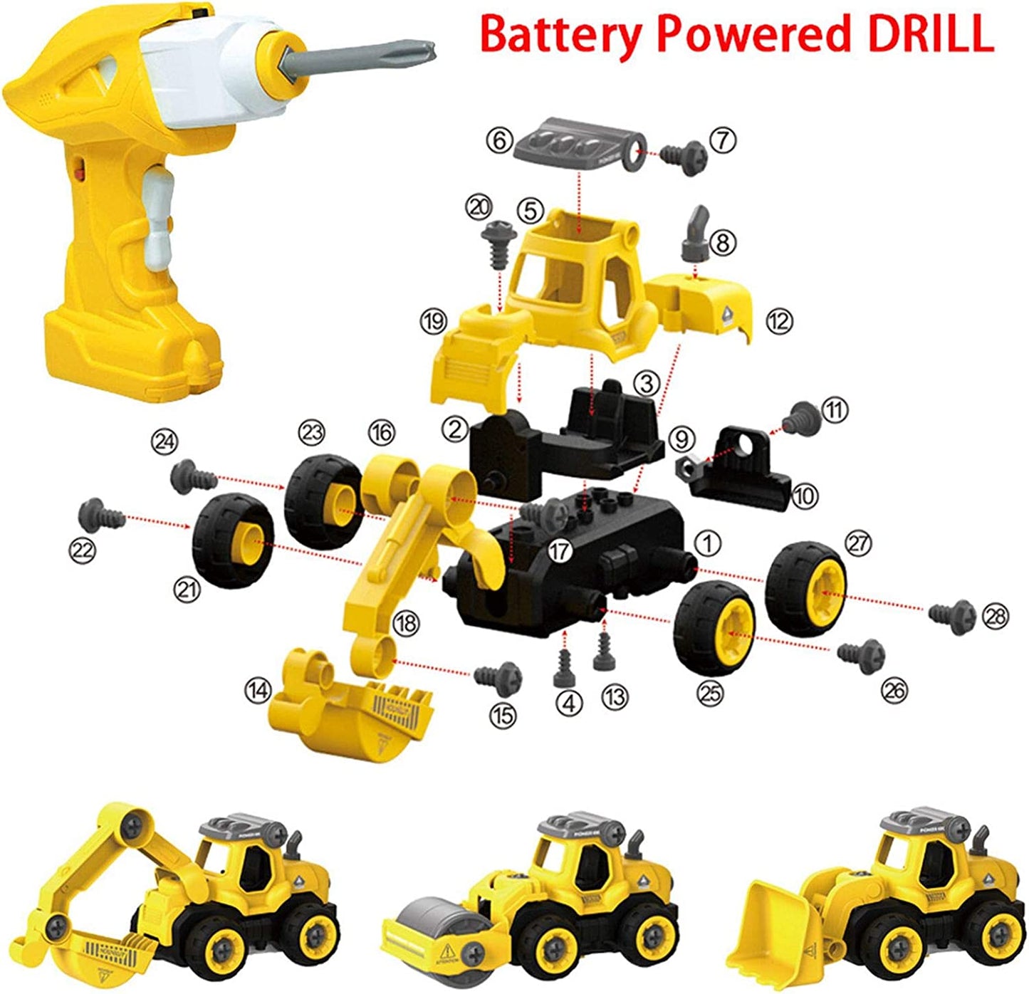 3 in 1 Construction Truck Take Apart Toys with Electric Drill, Converts to Remote Control Car, Kids DIY Stem Learning Building Toy, Gifts Toys for 3,4,5,6,7 Year Old Boys (Yellow)