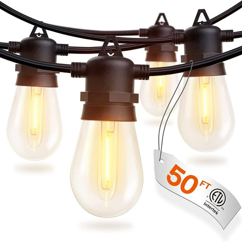  50FT LED Outdoor String Lights with Dimmable Edison Shatterproof Bulbs and Hanging Accessories, Heavy-Duty and Weatherproof Strand