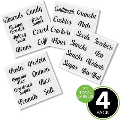 Home Organization Labels - Preprinted Label Stickers for Kitchen Pantry Storage and Cleaning - Household Organizing for Jars, Canisters, Containers, Boxes, or Bins - 32 Count - Clear/Black