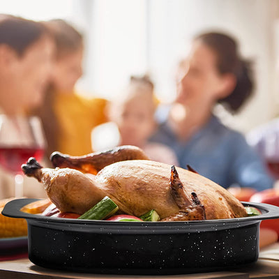 Granite Roaster Pan Thanksgiving 13 Inch Multi Use Oval Roaster with Lid Small Granite Roaster Pot for Turkey, Small Chicken, Roast Baking Pan, Black Speckled Enamel Cookware, Roast 7 Lb Birds