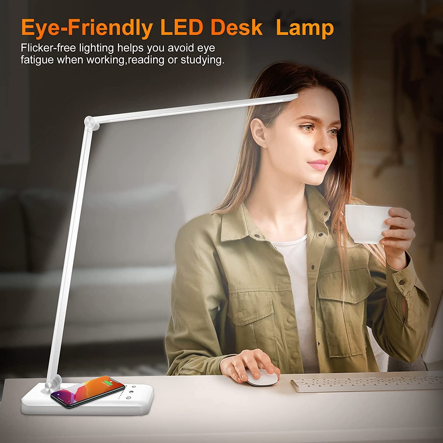 LED Desk Lamp with Wireless Charger, USB Charging Port, Lighting 10 Brightness Level, 5 Modes, Reading Light for Home, Office , Touch Control, Auto Timer Lamps, Silver