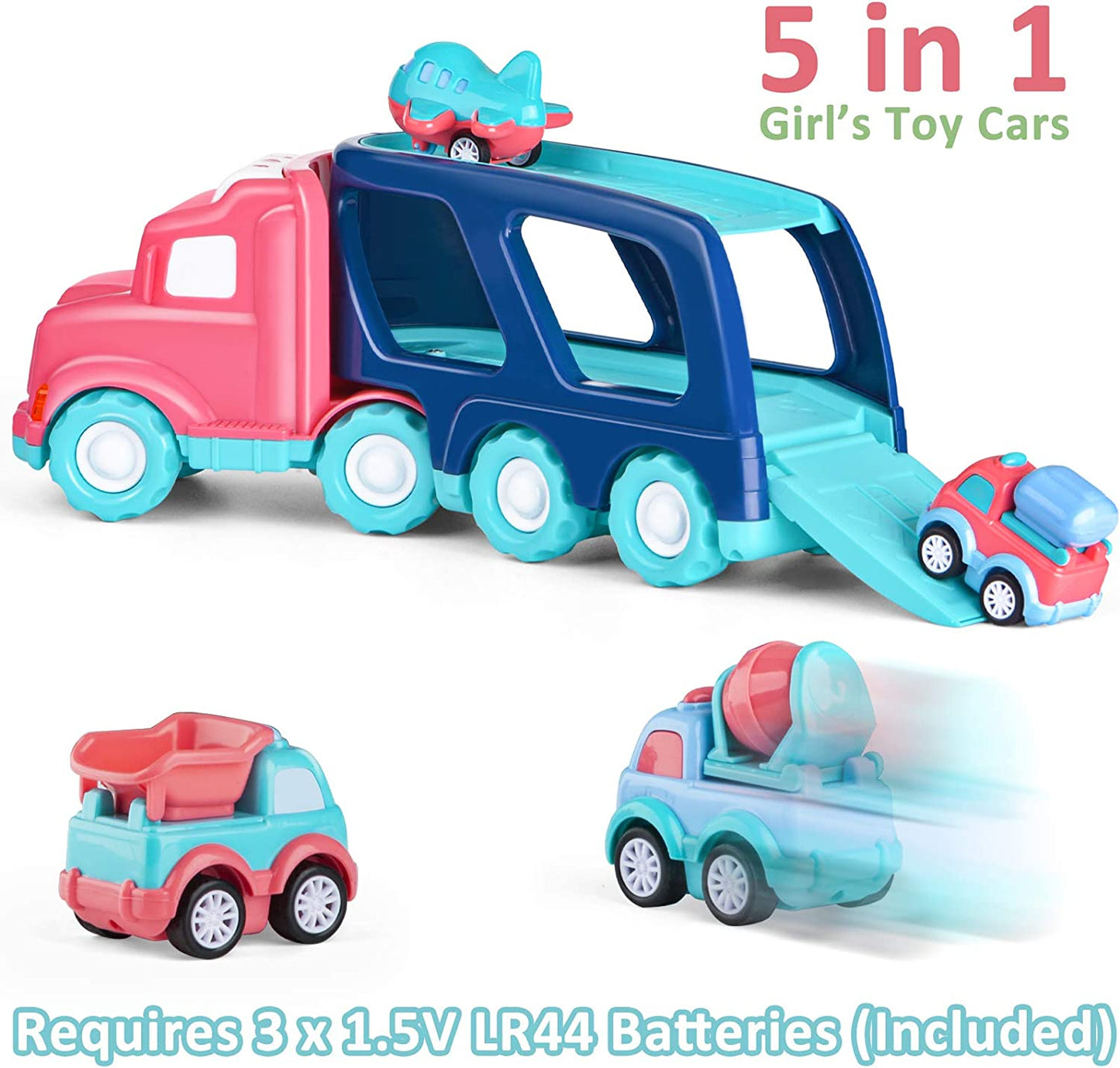 Pink Truck Toy Car for Toddler Girl, 5 in 1 Friction Powered Transport Carrier Truck with Light Sound and 4 Cartoon Pull Back Vehicle Construction Car,Pink Dump Truck Gift Toy for 1 2 3 Year Old Girl