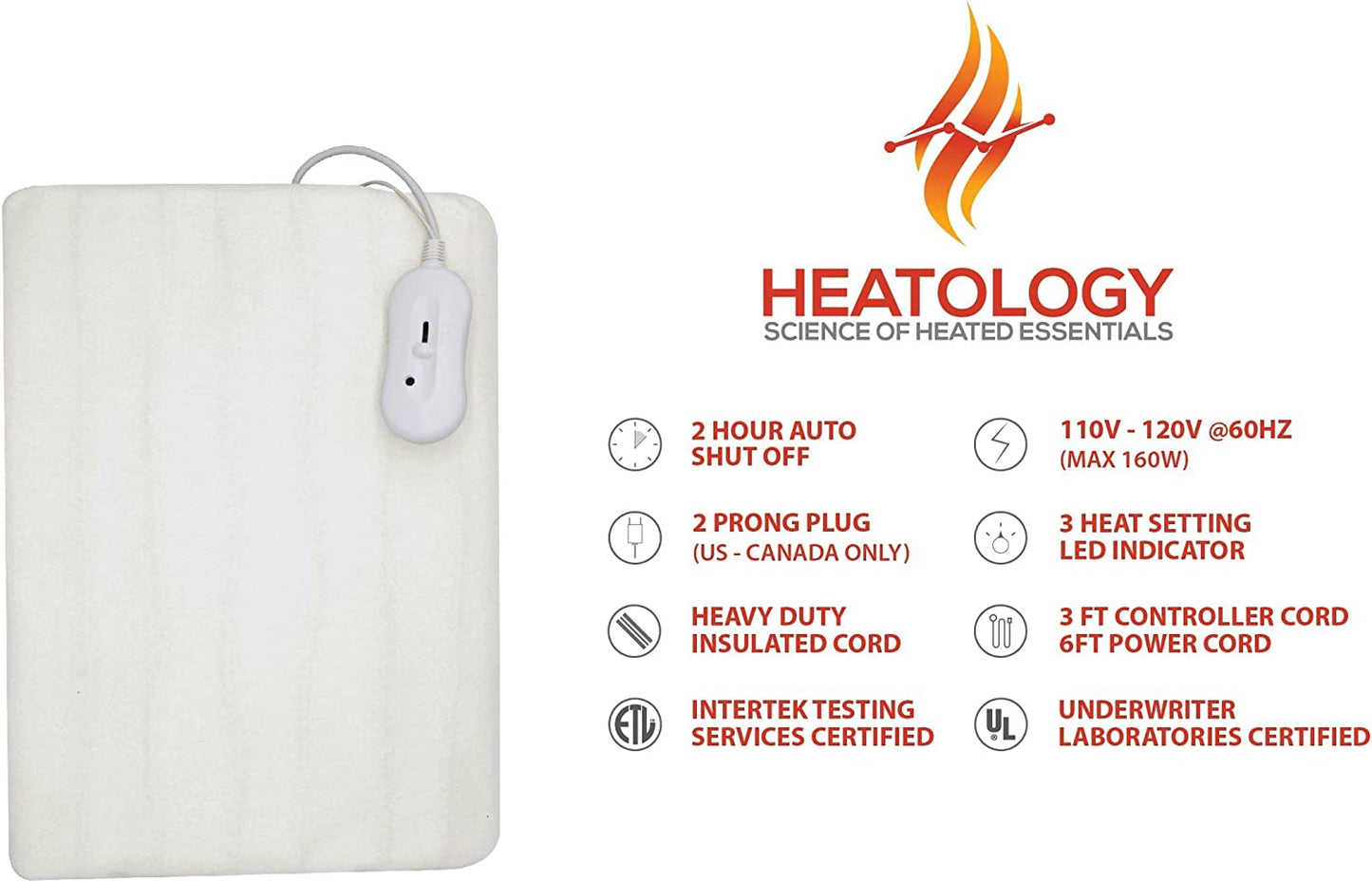 Heatology Electric Heated Mattress Pad (30" X 61") UL Certified with 3 Heat Settings & Auto Shut Off
