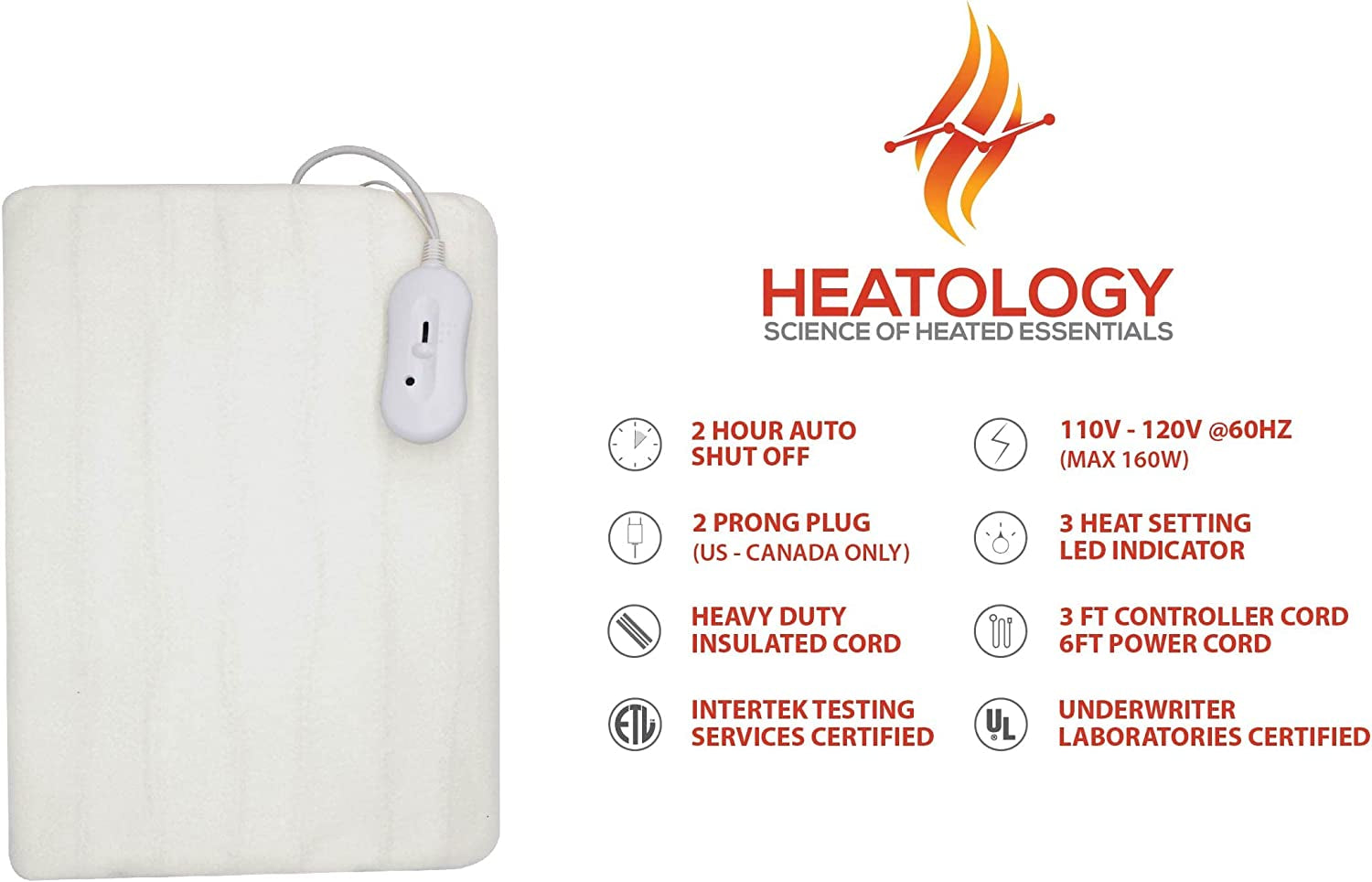 Heatology Electric Heated Mattress Pad (30" X 61") UL Certified with 3 Heat Settings & Auto Shut Off