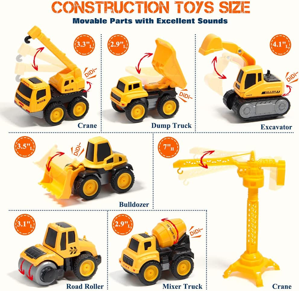 Mini Tudou Construction Trucks Toys, 6 PCS Diecast Construction Pull Back Cars Vehicle Set with Play Mat, Tower Crane, 4 Worker Figures & Multiple Traffic Signs to Build a Realistic Construction Site