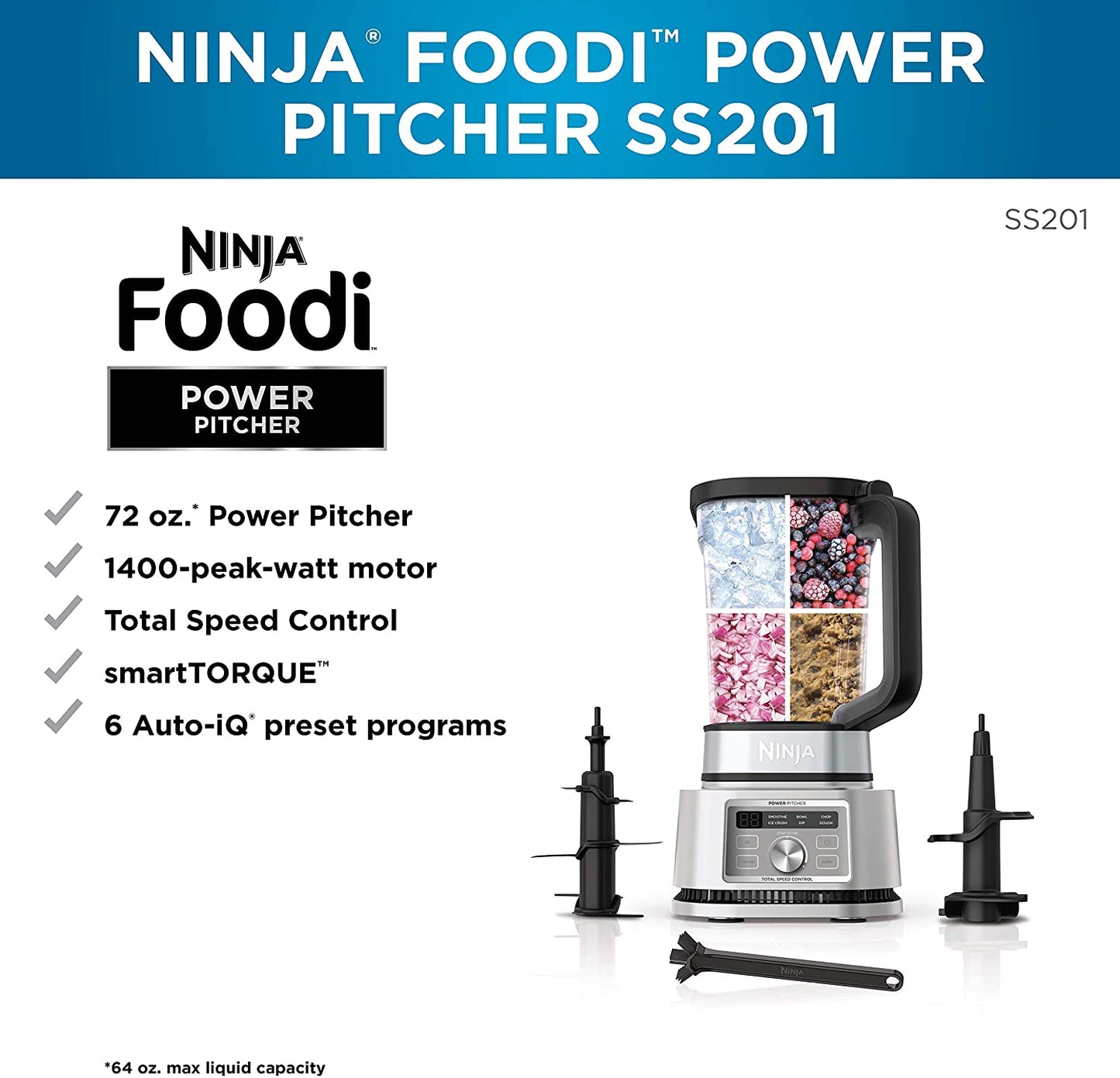 Ninja SS201 Foodi Power Pitcher 4In1 Smoothie Bowl Maker Crushing Blender Dough Mixer Food Processor 1400WP Smarttorque 6 Auto-Iq Presets, with a Stainless Silver Finish (Renewed) (Ninja SS201)