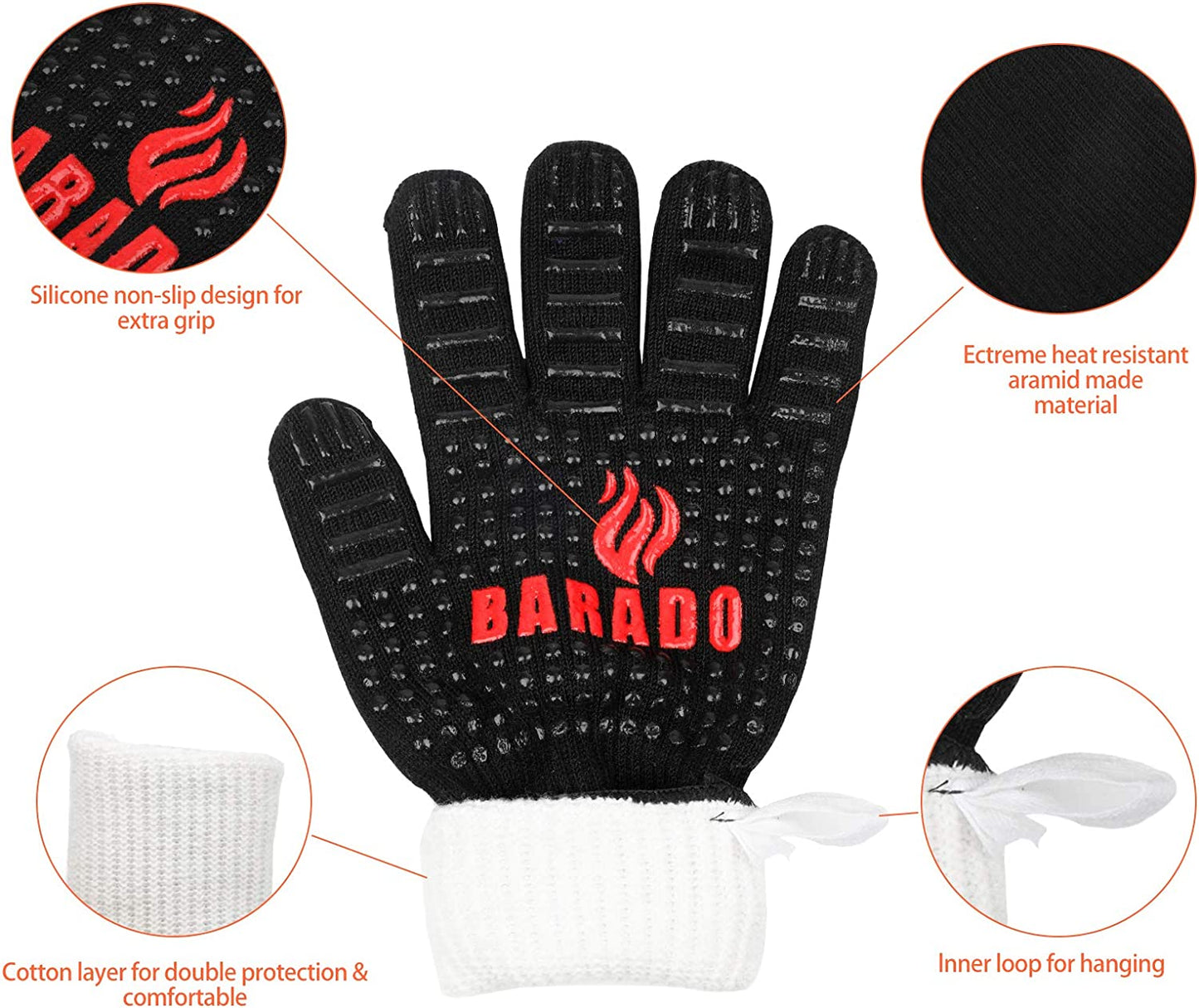 BBQ Gloves, Grill Gloves Extreme Heat Resistant, Barbecue Grilling Oven Gloves with Non-Slip Silicone Coating for Barbecue