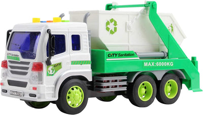 Vokodo Friction Powered Garbage Truck with Lights and Sounds Lift up Body 1:16 Scale Durable Kids Dump Sanitation Push and Go Toy Car Pretend Play Transport Vehicle Great Gift for Children Boys Girls