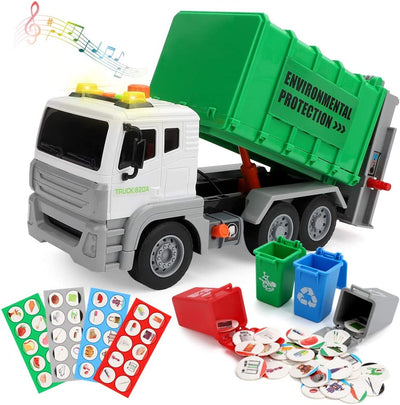 Garbage Truck Toy Friction-Powered Recycling Truck Toy with 4 Rear Loader Trash Cans,Dump Truck Toy Play Vehicles Car Toys Gifts for 3 4 5 6 Years Old Kids Boys Girls