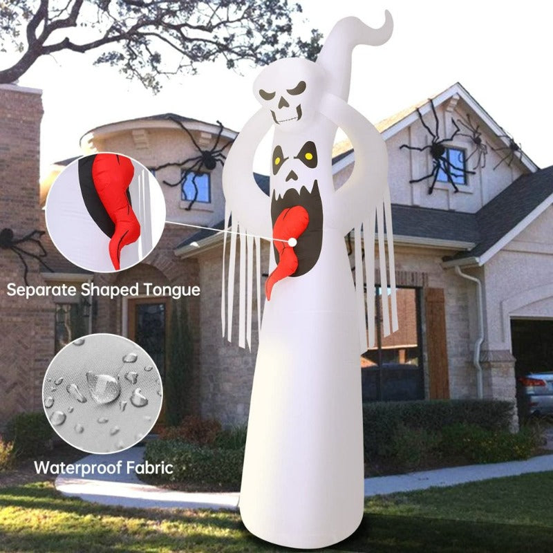 12Ft Giant Halloween Inflatables White Ghost with 3D Tongue and Holding Small Ghost above Head Built-In LED Flame Light, Blow up Outdoor Lawn Yard Garden Decorations