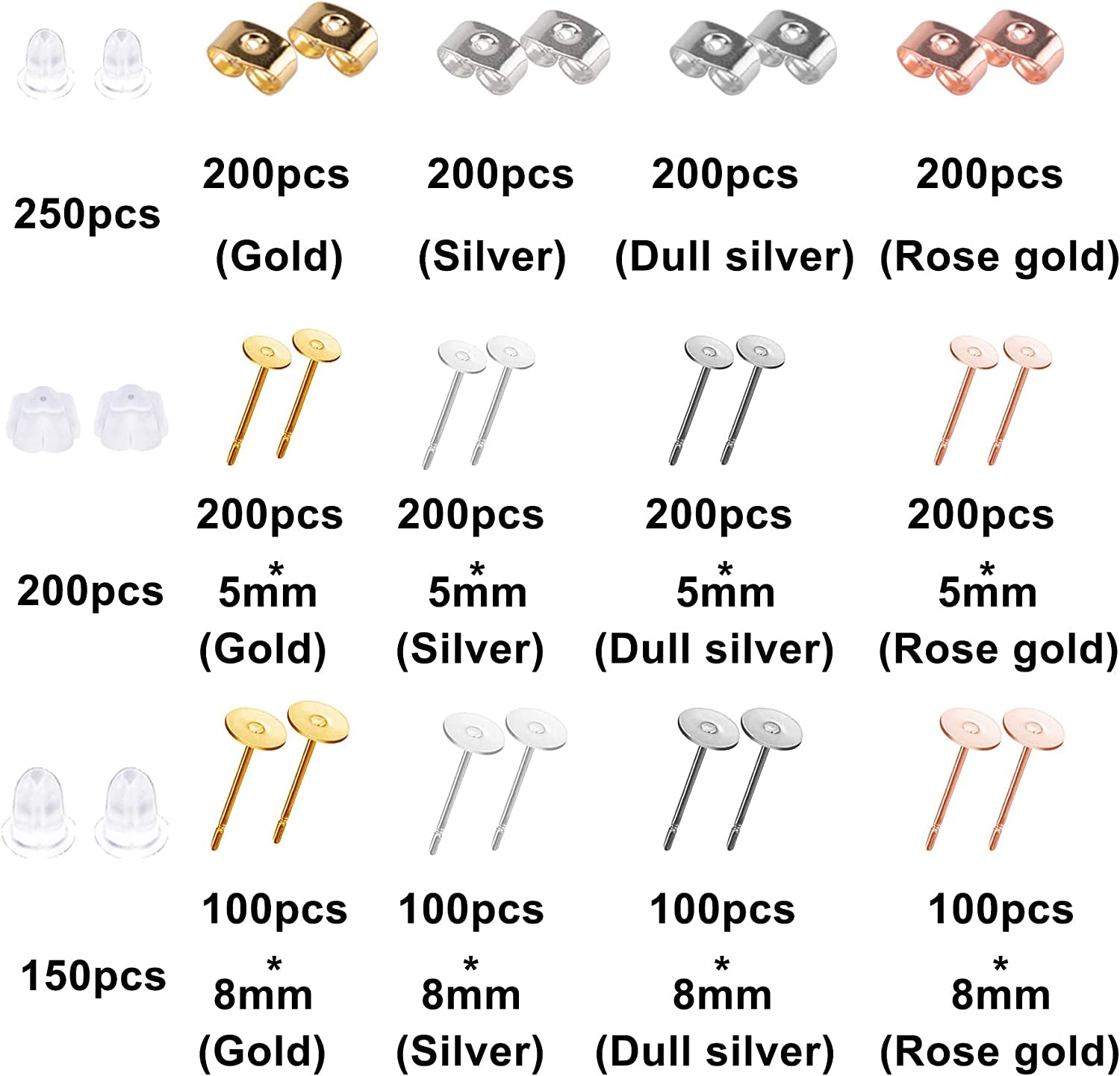 2600 Pcs Earring Making Supplies with Stainless Steel Earring Posts Earring Backs Flat Pad Earring Studs Earring Blank with Butterfly and Rubber Bullet Earring Backs for Earring Jewelry Making