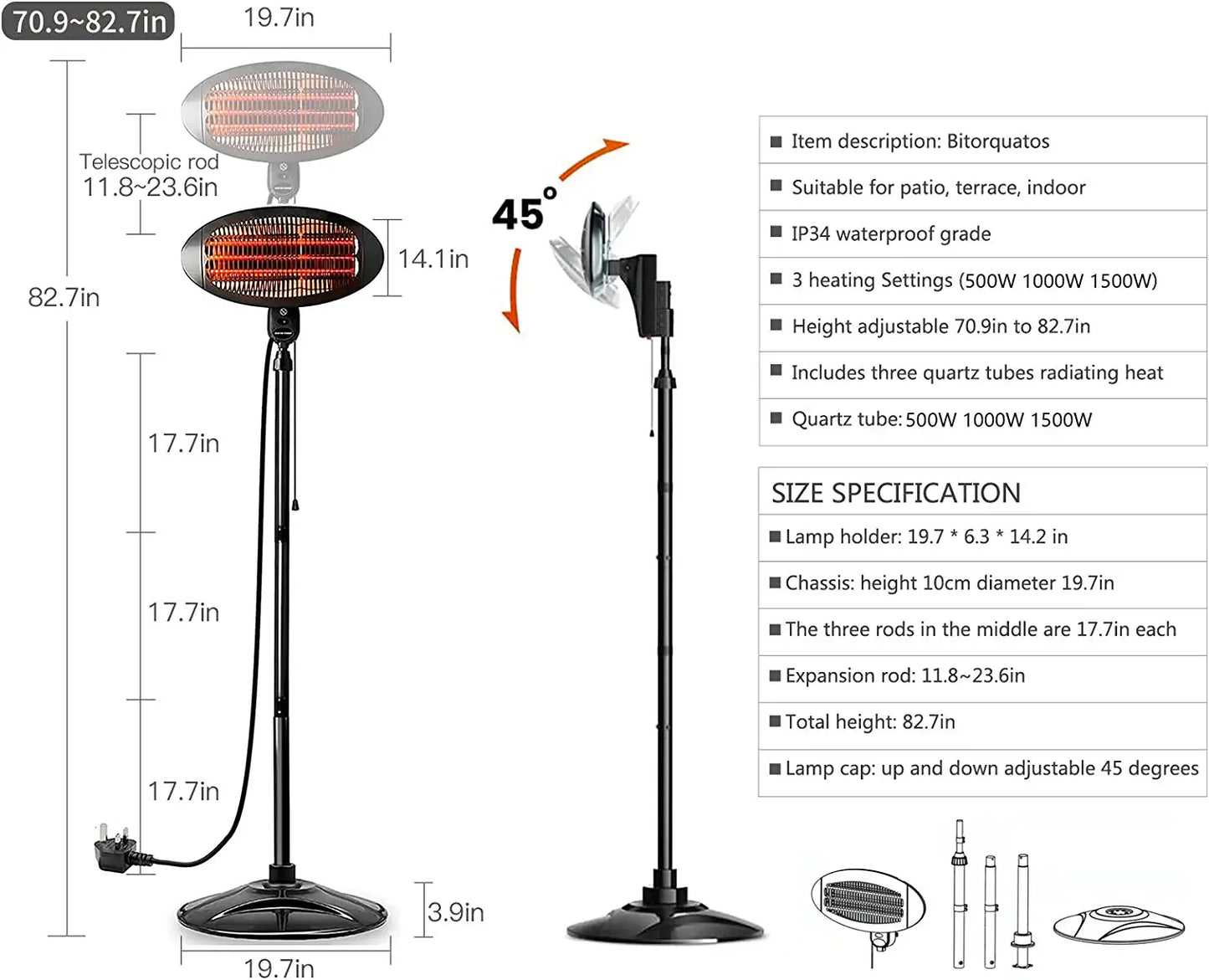 Portable Patio Electric Heater, Indoor and Outdoor, Raised and Lowered, 500W/1000W/1500W, Quiet, Automatic Power off (Black)