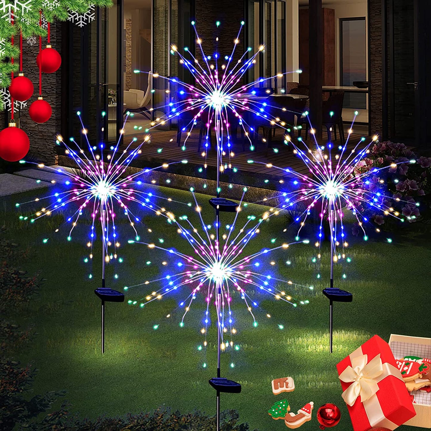 Solar Garden Firework Lights Outdoor Waterproof 2 Pack Solar Powered Art Stake Twinkle Lighting for Outside Decor, 120 LED Sparklers String Lights for Yard Pathway Patio Party Decorations (Warm)