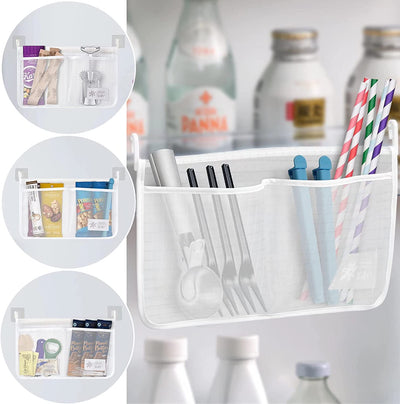 3 Packs Refrigerator Door Organizer Kitchen Storage Bag Home Small Objects Classification Hanging Mesh Pocket Organization Accessories Containers with 6 Wall Hooks (White)