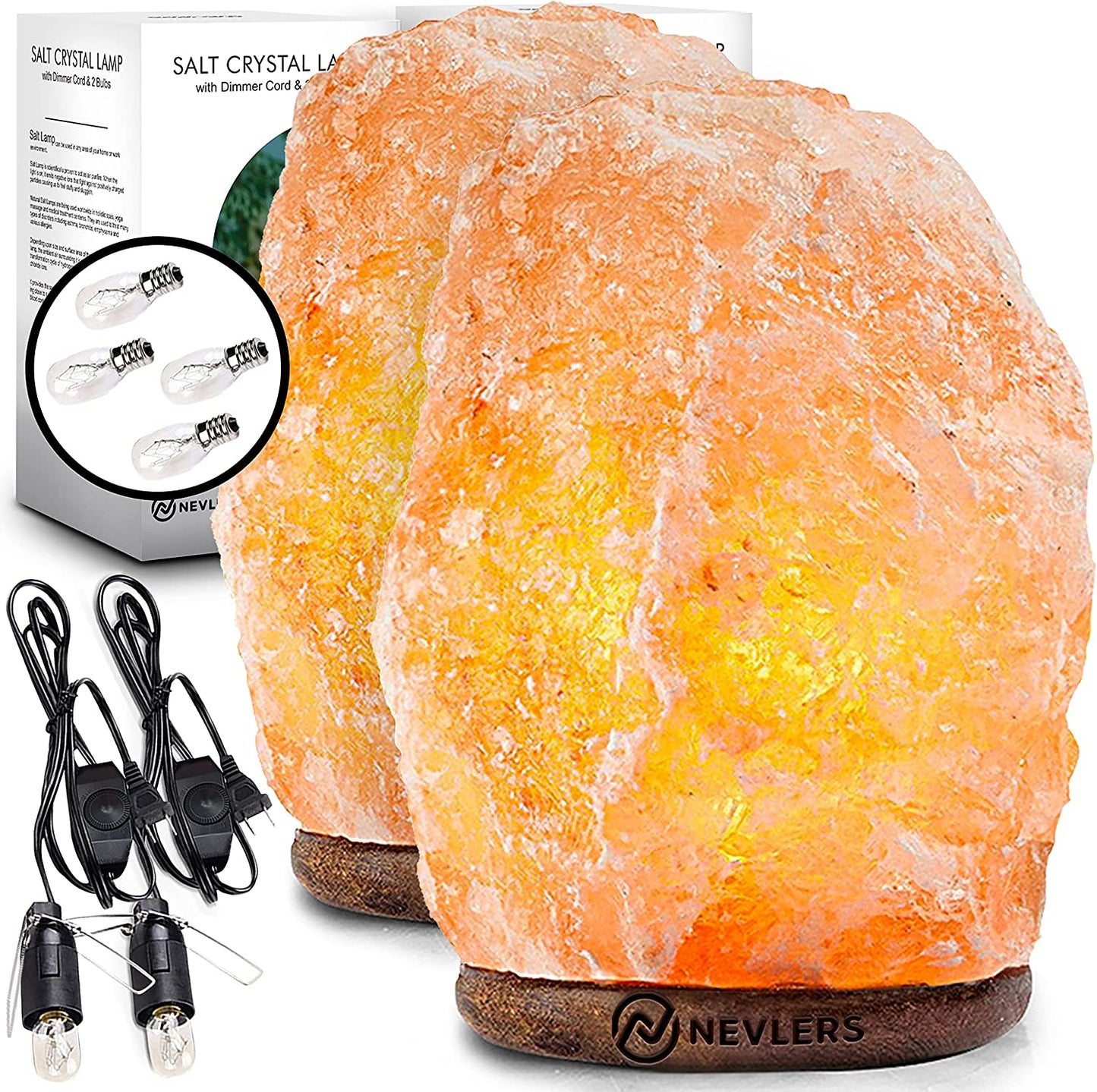 Authentic 2 Pack 7-9" Tall 6-8Lbs Natural Hand Carved Himalayan Salt Lamp with On/Off Switch & Beautiful Wood Base - Includes Light Bulb | Authentic from the Himalayan Mountains in Pakistan