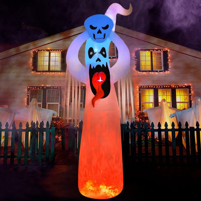 12Ft Giant Halloween Inflatables White Ghost with 3D Tongue and Holding Small Ghost above Head Built-In LED Flame Light, Blow up Outdoor Lawn Yard Garden Decorations