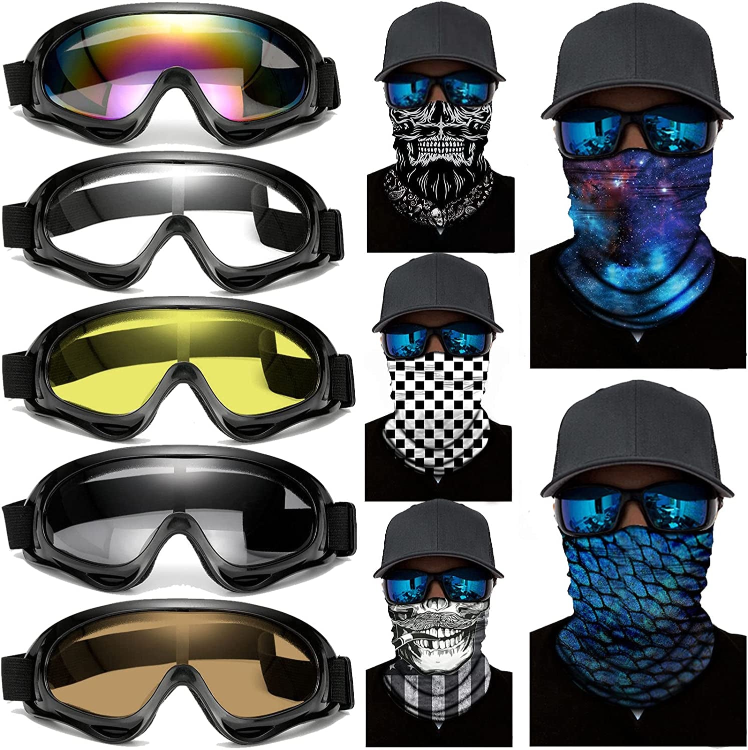 10 Packs Motorcycle Accessories, 5PCS Dirt Bike Ski Goggles Dustproof Windproof Safety Glasses and 5PCS Face Masks