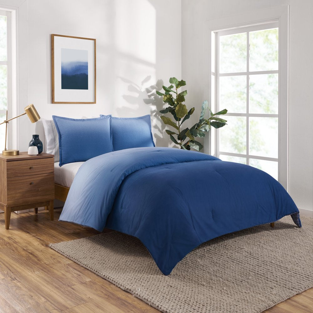 Ombre Reversible Organic Cotton Blend Comforter Set, Full/Queen/King, Blue, 3-Pieces