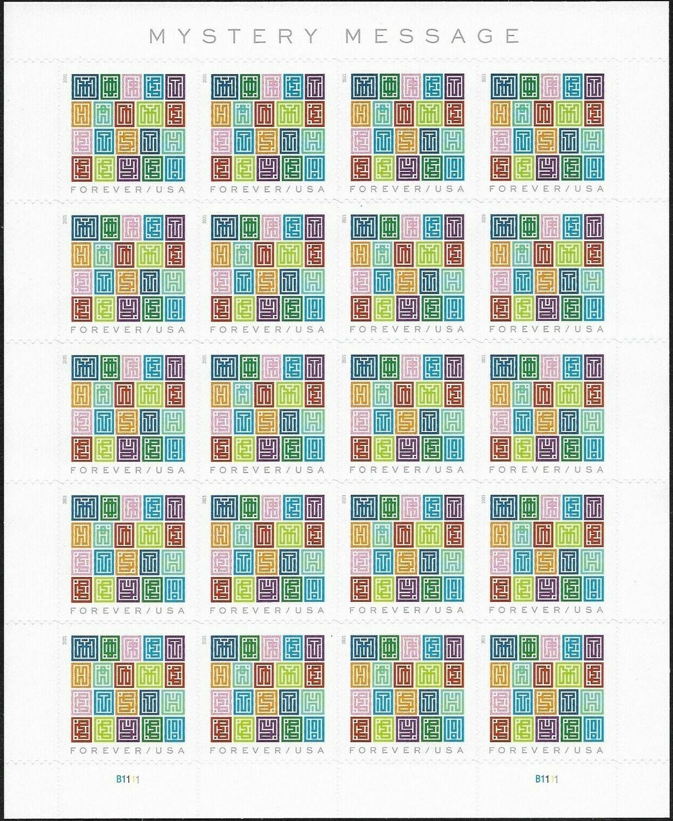 USPS Mystery Message 2021 Forever Stamps - Sheet of 20 Postage Stamps