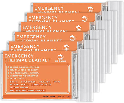 Emergency Mylar Thermal Blankets -Space Blanket Survival Kit Camping Blanket (Pack of 6). Perfect for Outdoors, Hiking, Survival, Bug Out Bag ，Marathons or First Aid