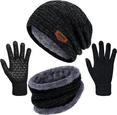 3 Pieces Winter Beanie Hat, Scarf and Touchscreen Gloves Set for Men and Women Slouchy Warm Fleece Lined Caps Neck Warmer