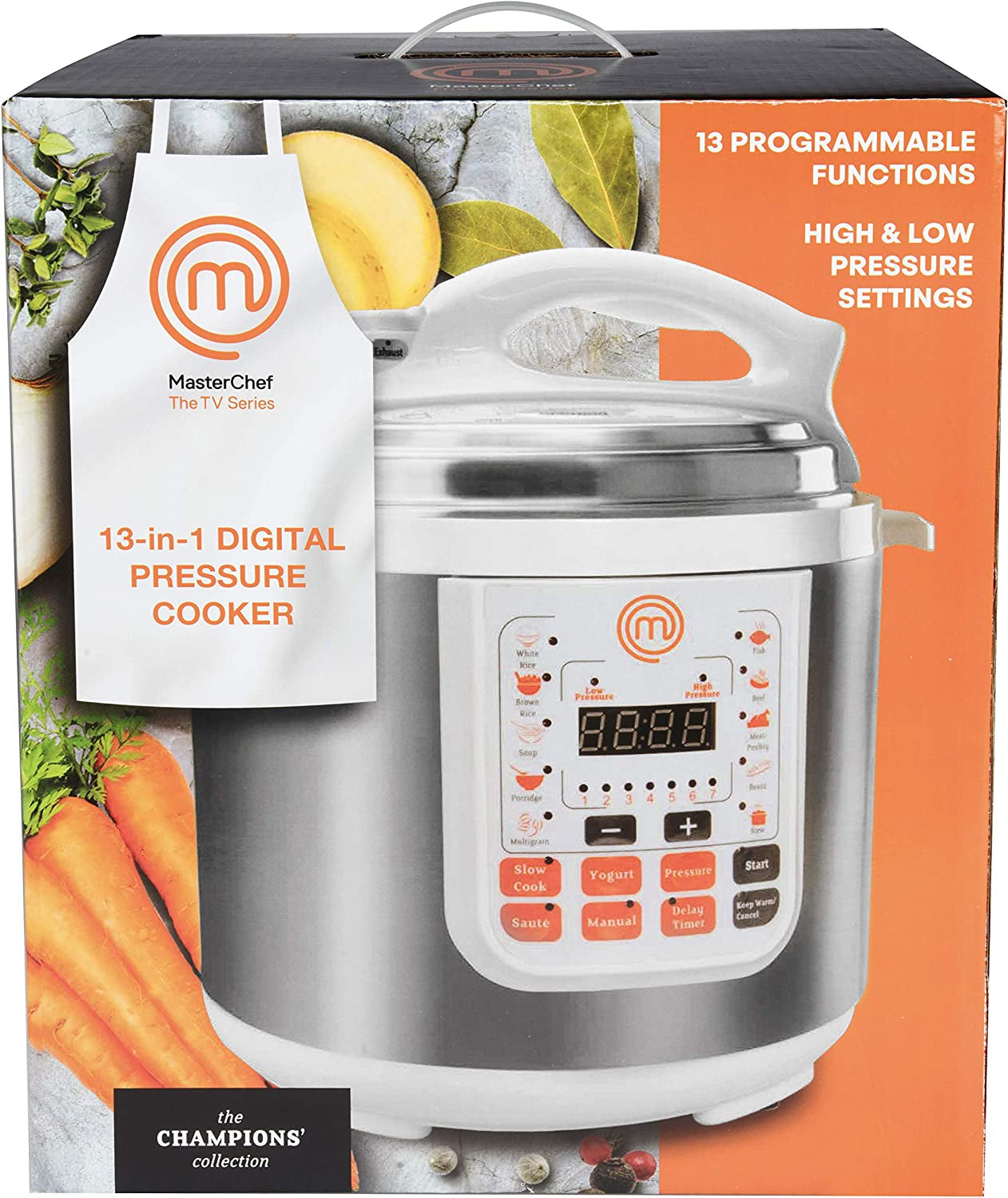 Masterchef 13-In-1 Pressure Cooker- 6 QT Electric Digital Instant Multipot W 13 Programmable Functions- High and Low Pressure Slow Non-Stick Pot Cooking Warmer Options, LED Display, Delay Timer, Rice