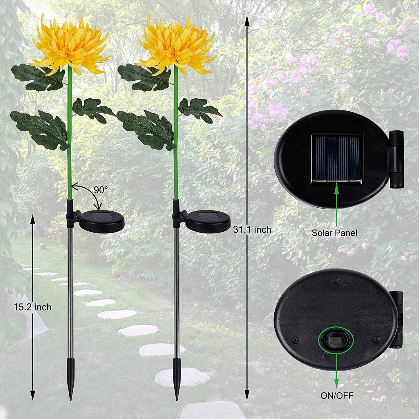  2 Pack Solar Garden Stake Lights, Outdoor Chrysanthemum Lights, LED Solar Powered Lights for Patio Lawn Garden Yard Pathway Decoration, Yellow