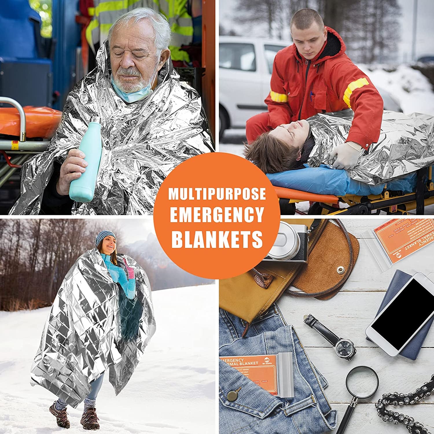 Emergency Mylar Thermal Blankets -Space Blanket Survival Kit Camping Blanket (Pack of 6). Perfect for Outdoors, Hiking, Survival, Bug Out Bag ，Marathons or First Aid