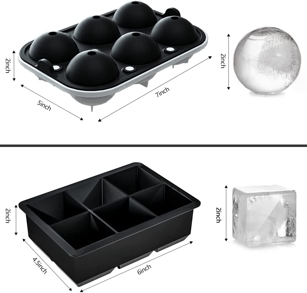  (Set of 2), Sphere Ice Ball Maker with Lid & Large Square Ice Cube Maker