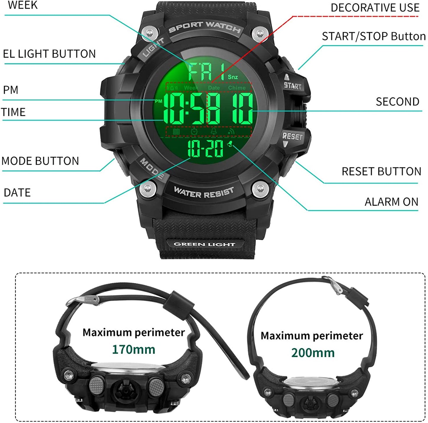 Men’s Digital Sport Watch, Military Watches with 50M Waterproof Stopwatch Army Alarm Chime Hourly Count down Calendar Date Dual Time and Simple Luminous 12/24 