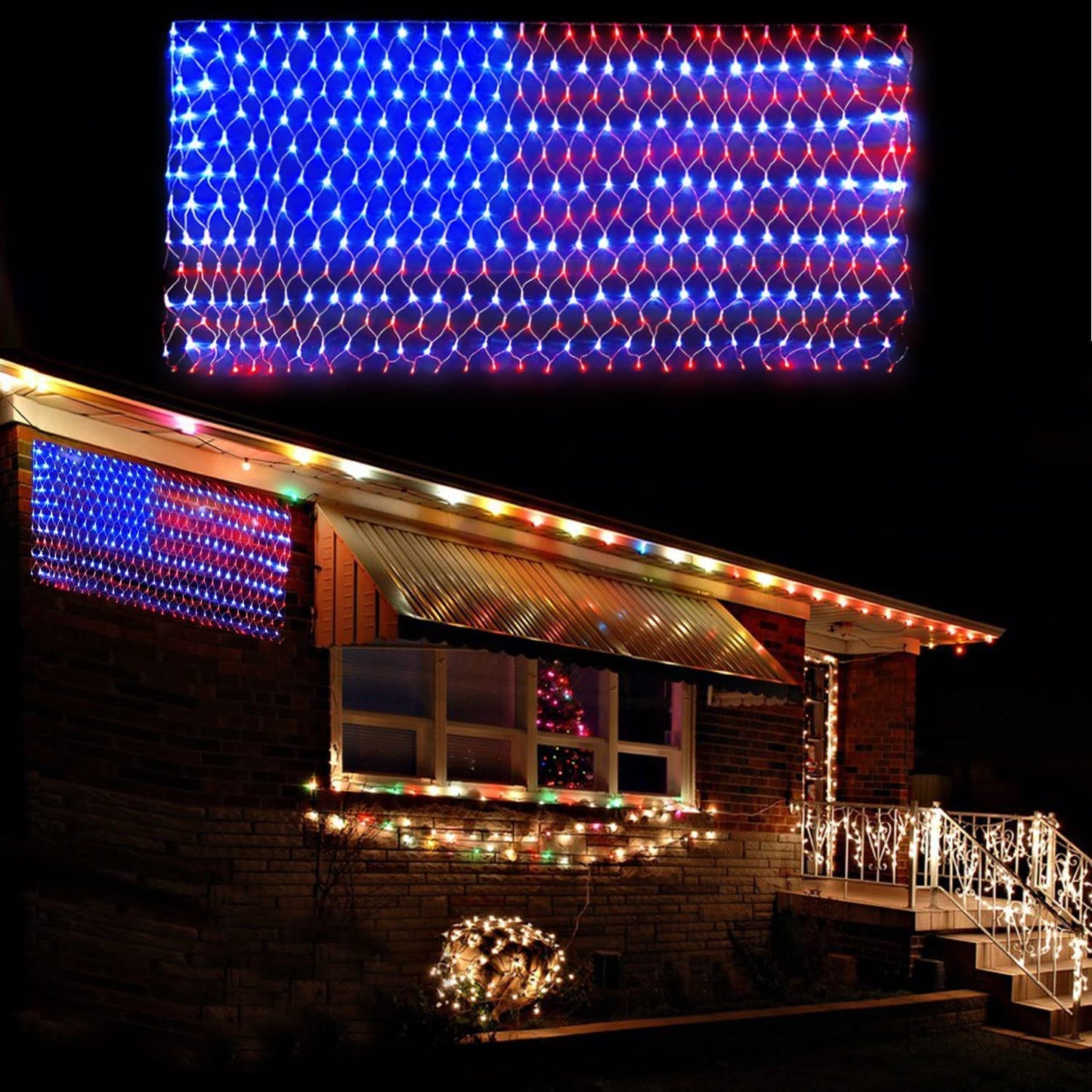  American Flag Lights,American Flag LED Net Lights Plug-in Half USA Flag String Lights of United States for Garden Patio Holiday Party July 4th Decoration 