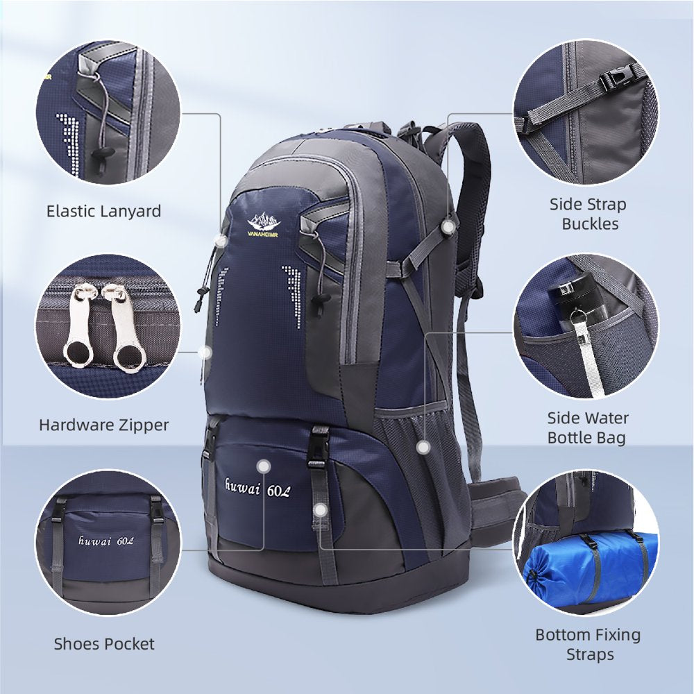 60L Hiking Backpack, Lightweight Waterproof & Tear Resistant Camping Bag, Outdoor Rucksack Travel Daypack with Shoes Compartment, Men Women Backpack for Hiking, Climbing, Camping, Touring